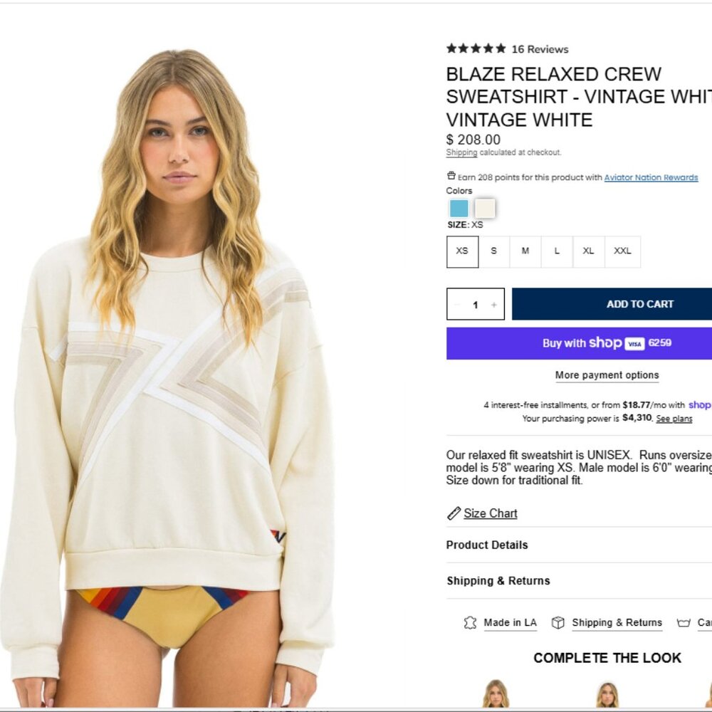 Aviator Nation - Blaze Relaxed Crew Sweatshirt - M - Vintage White - Picture 2 of 7